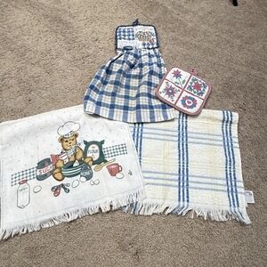 Vtg 70s Cannon Hand Towel Lot Fringe Teddy Bear Milk Cookies MCM Stripe Cute